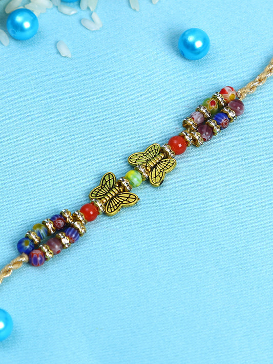 Golden Ornated Butterfly Rakhi with Multicoloured Beads - Only Rakhi (RJ22152)