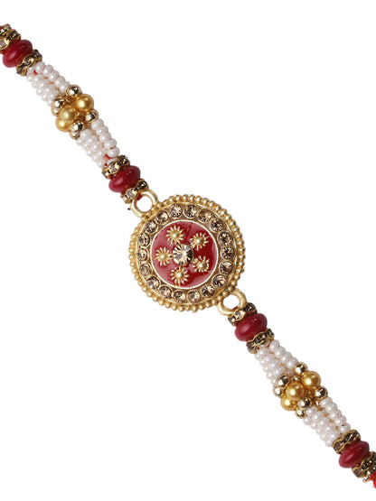 Charming Pearl Beads Stylish Circular Meenawork Rakhi - Only Rakhi (RJ22156)