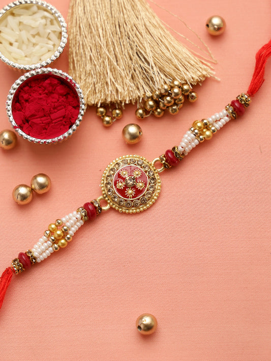 Charming Pearl Beads Stylish Circular Meenawork Rakhi - Only Rakhi (RJ22156)
