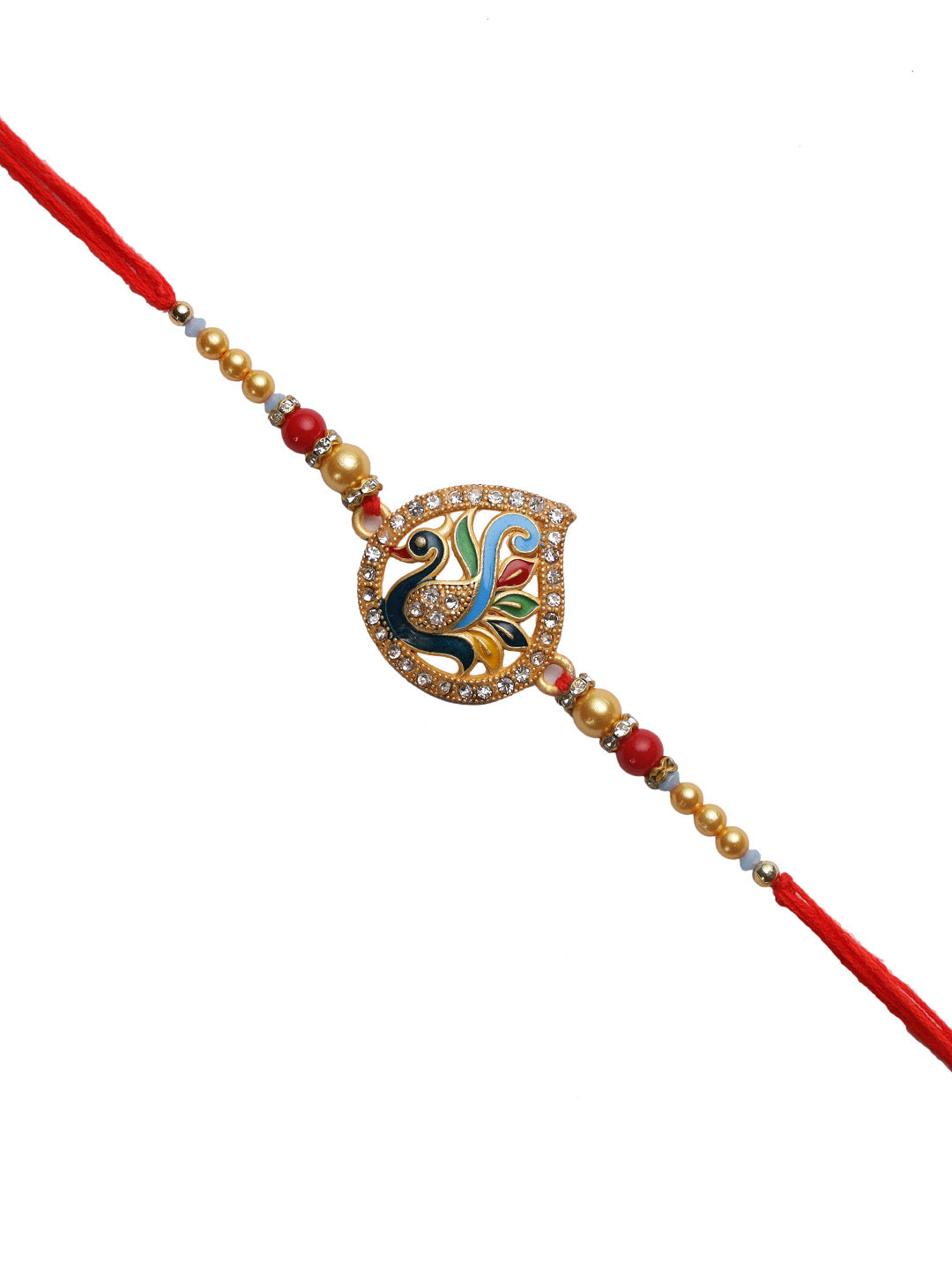 Beautiful Colourful Meenawork Peacock Rakhi with Golden Beads - Only Rakhi (RJ22159)