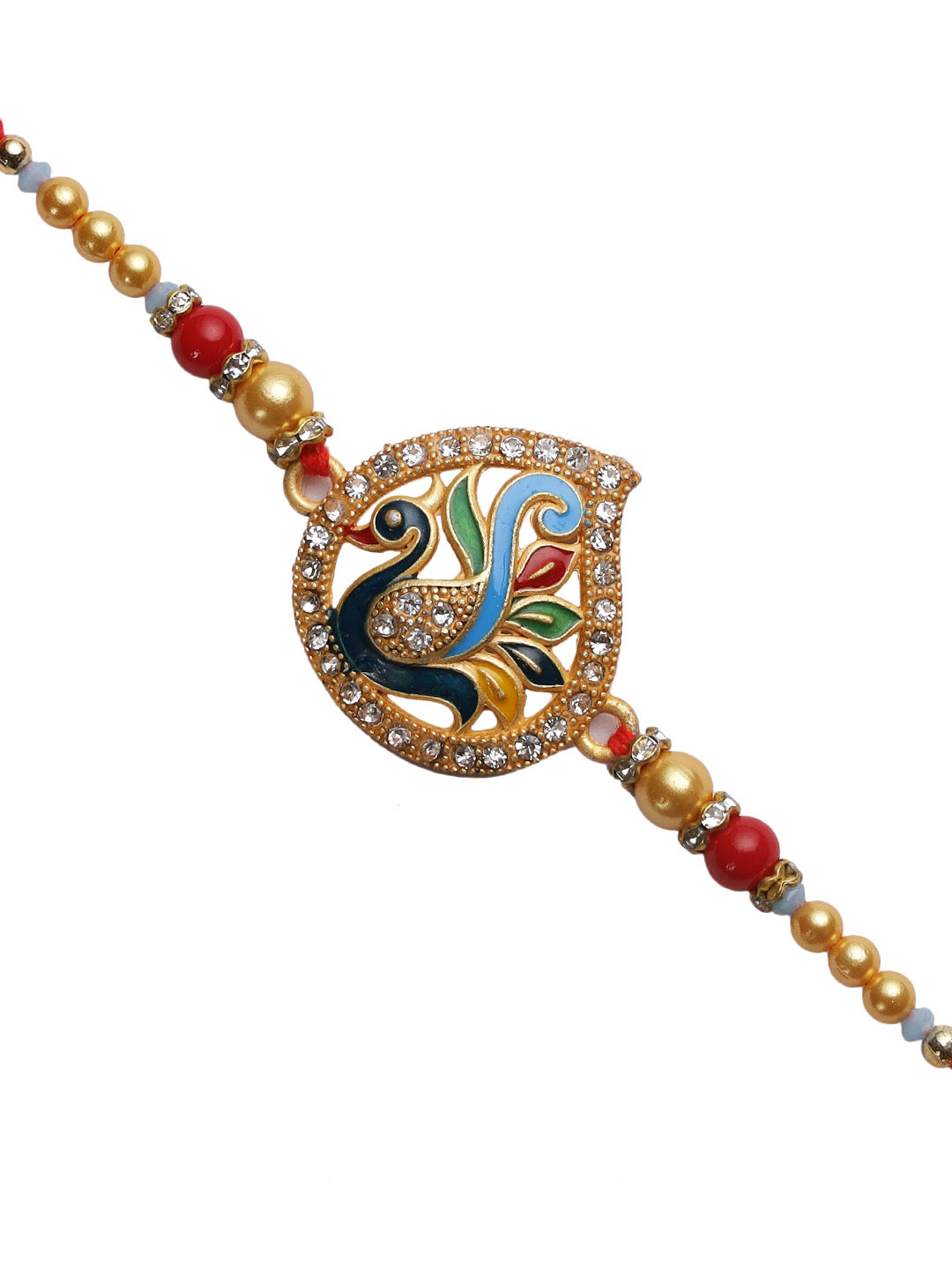 Beautiful Colourful Meenawork Peacock Rakhi with Golden Beads - Only Rakhi (RJ22159)