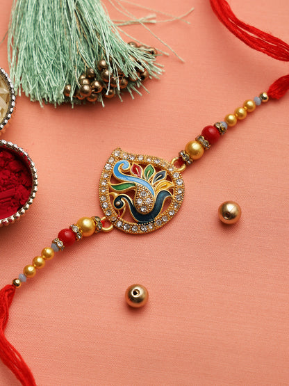 Beautiful Colourful Meenawork Peacock Rakhi with Golden Beads - Only Rakhi (RJ22159)
