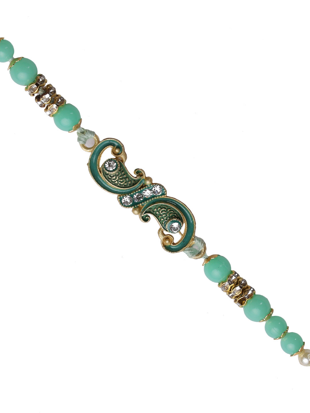 Traditional Meena Work Peacock Rakhi with Sea Green Beads - Only Rakhi (RJ22160)