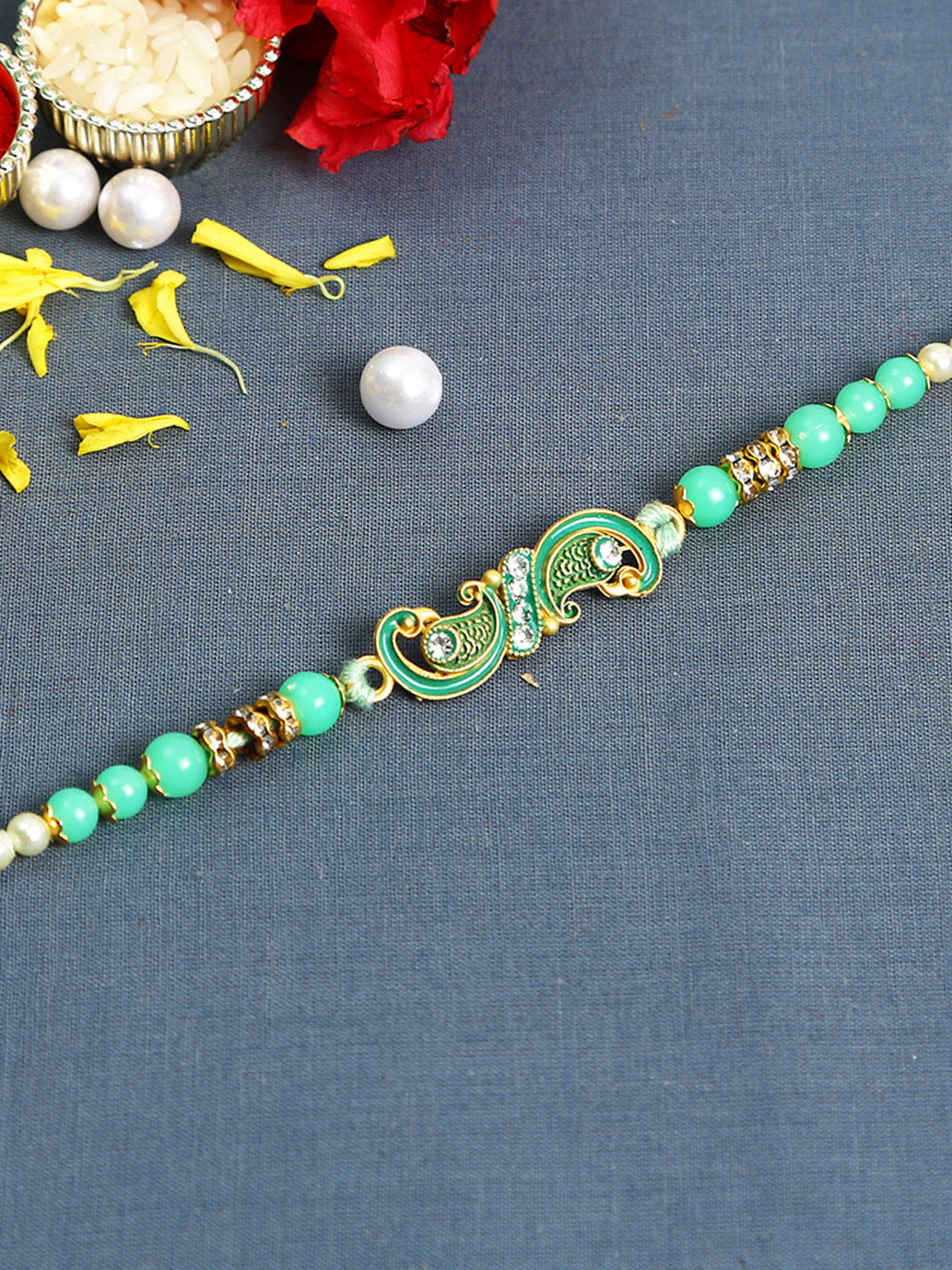 Traditional Meena Work Peacock Rakhi with Sea Green Beads - Only Rakhi (RJ22160)