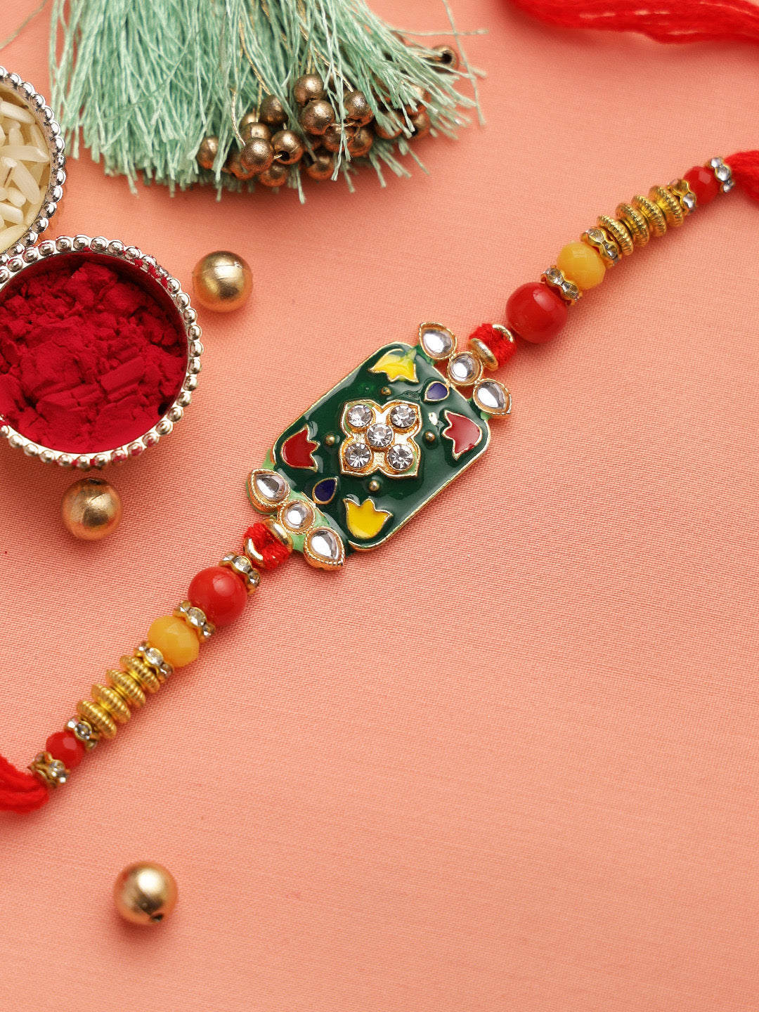 Traditional Kundan and Meenawork Jewelled Rakhi - Only Rakhi (RJ22163)