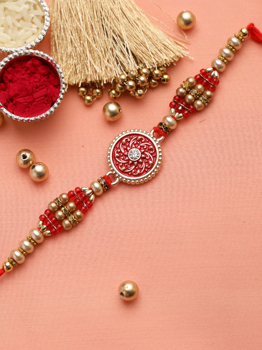 Traditional Meena Work Jewelled Rakhi with Golden Beads - Only Rakhi (RJ22165)