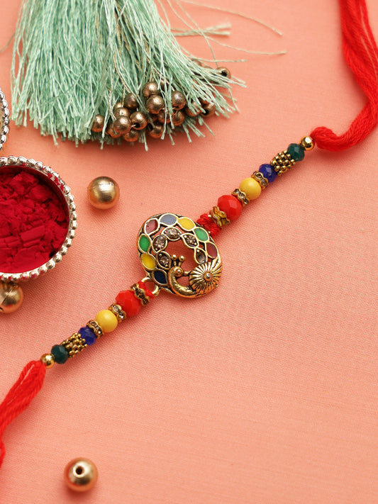 Multicoloured Beads with Colour Meena work Peacock Rakhi - Only Rakhi (RJ22169)