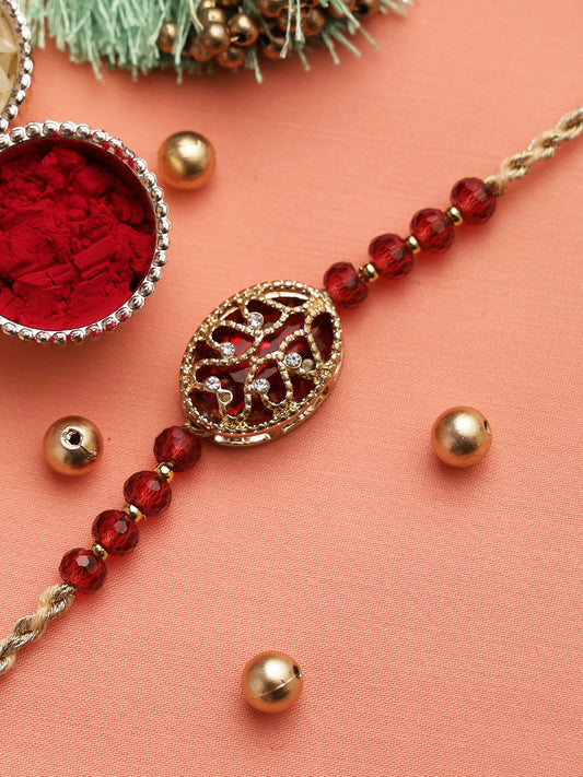 American Diamond Stud Red Uncut Beads Rakhi - Only Rakhi (RJ22171)