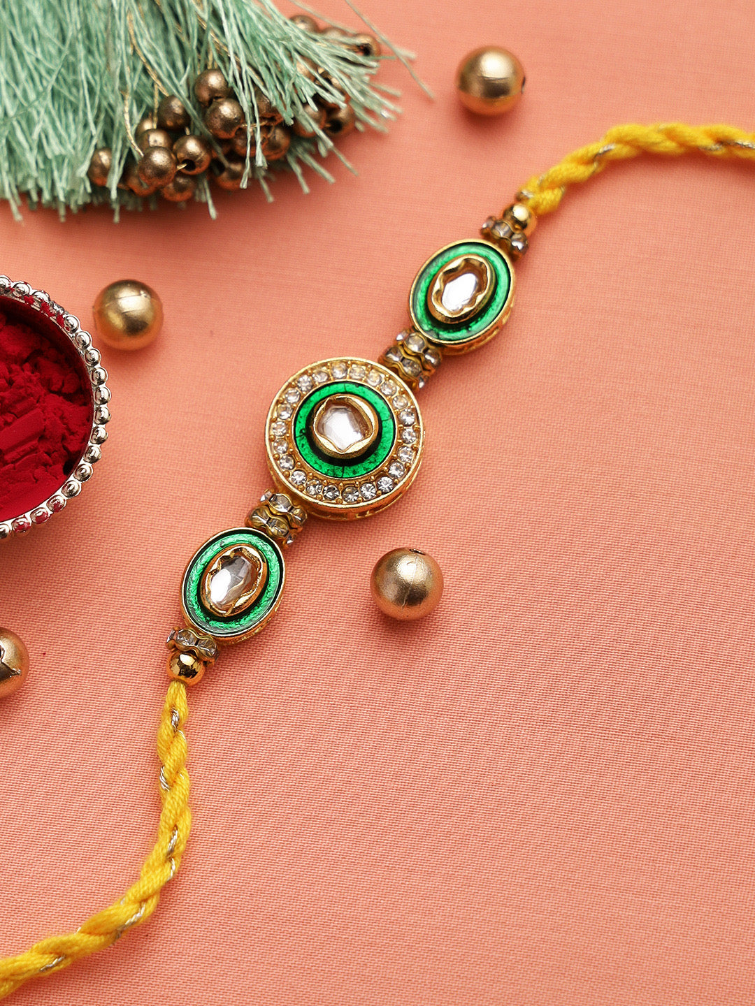 Handcrafted Traditional Kundan and Meena Work AD Rakhi - Only Rakhi (RJ22175)