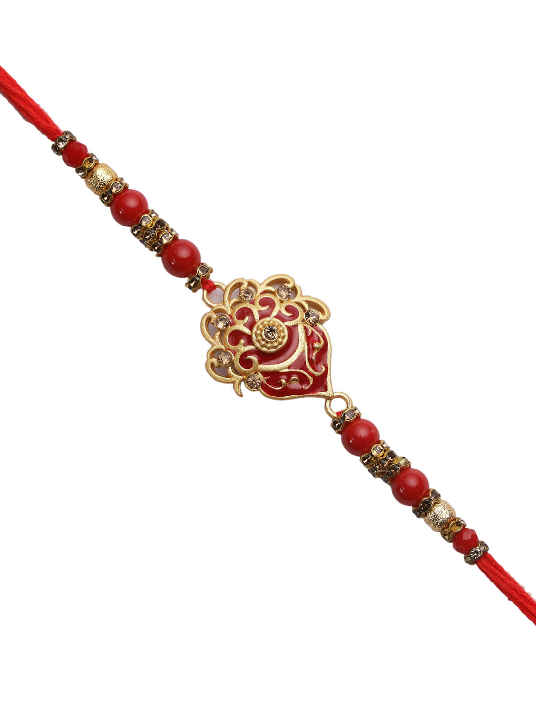 Red & Golden Beaded Stone Stud Rakhi - Only Rakhi (RJ22181)
