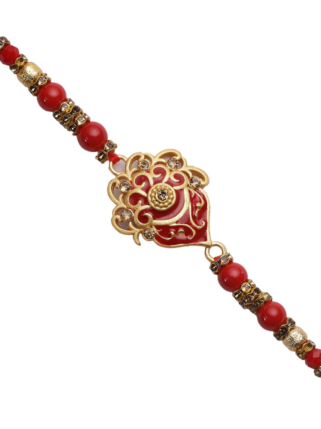 Red & Golden Beaded Stone Stud Rakhi - Only Rakhi (RJ22181)