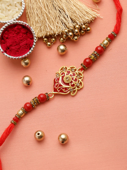 Red & Golden Beaded Stone Stud Rakhi - Only Rakhi (RJ22181)