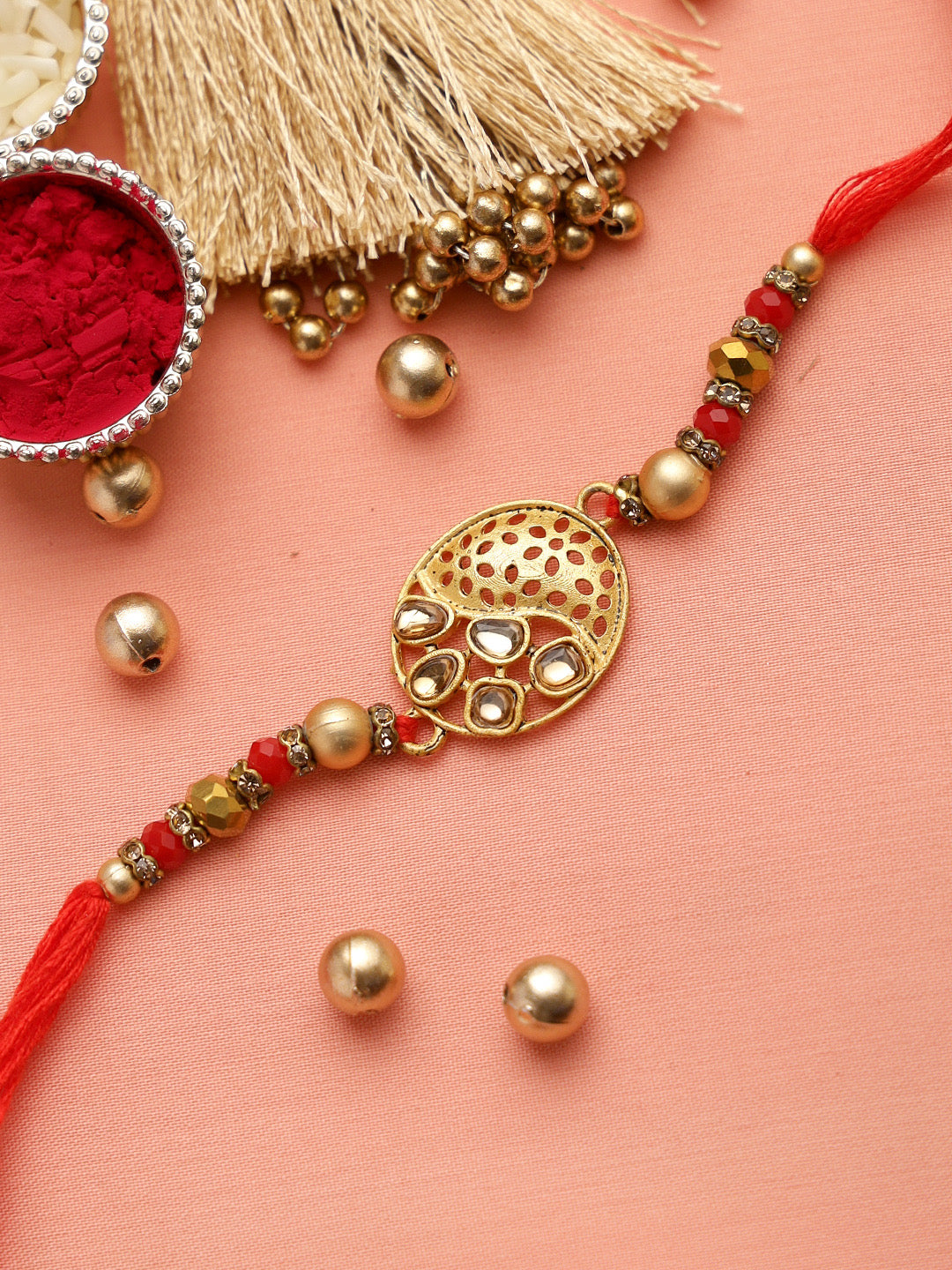 Kundan like stone Golden Rakhi - Only Rakhi (RJ22182)