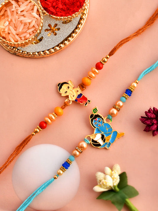 Set Of 2 Orange & Blue Metal Painted Krishna & Ganesha Divine Rakhi - Only Rakhi (RK2341_2)