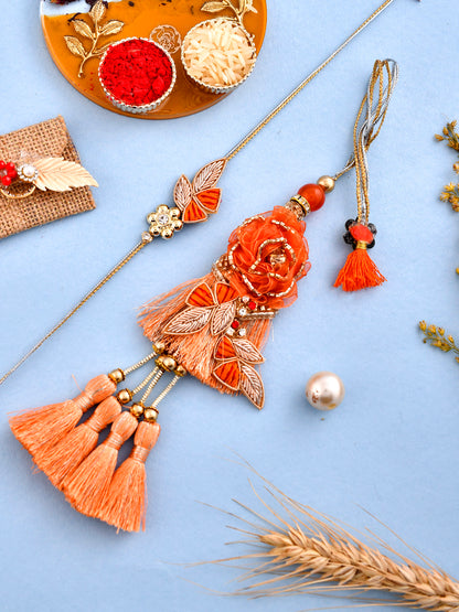 Aapno Rajasthan Beautiful Orange Zardosi work Bhaiya Bhabhi Rakhi Set - Only Rakhi (RP1904_J23)