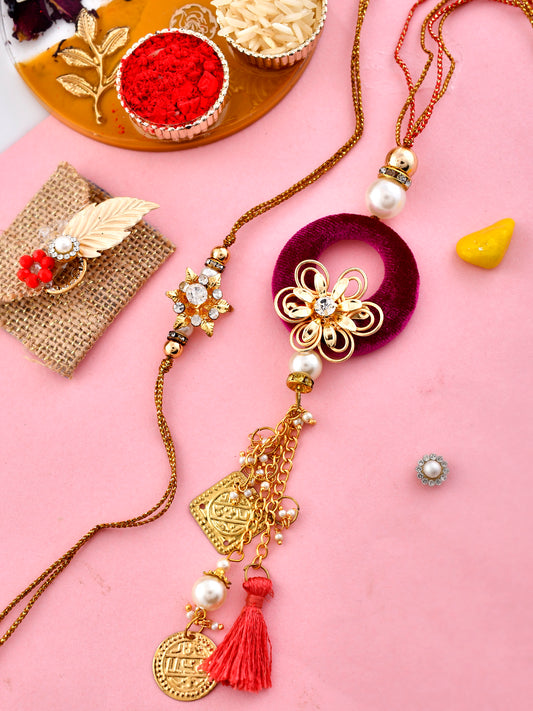 Red Loop Flower design Bhaiya Bhabhi Rakhi Set with Pearl Hangings - Only Rakhi (RP1920_J23)