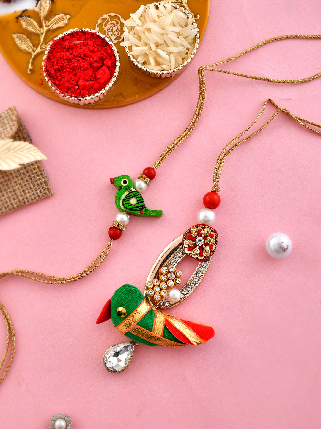 Traditional Handcrafted Red and Green Bird motif Bhaiya Bhabhi Rakhi Set - Only Rakhi (RP1923_J23)