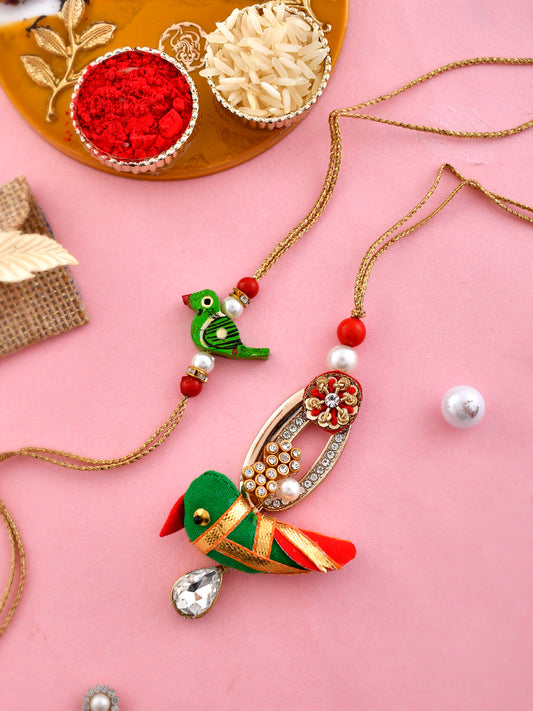 Traditional Handcrafted Red and Green Bird motif Bhaiya Bhabhi Rakhi Set - Only Rakhi (RP1923_J23)
