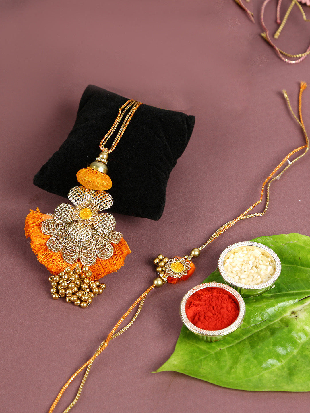 Golden Bhaiya Bhabhi Traditional Rakhi Set With Hints of Sunshine Orange - Default Title (RP2104)