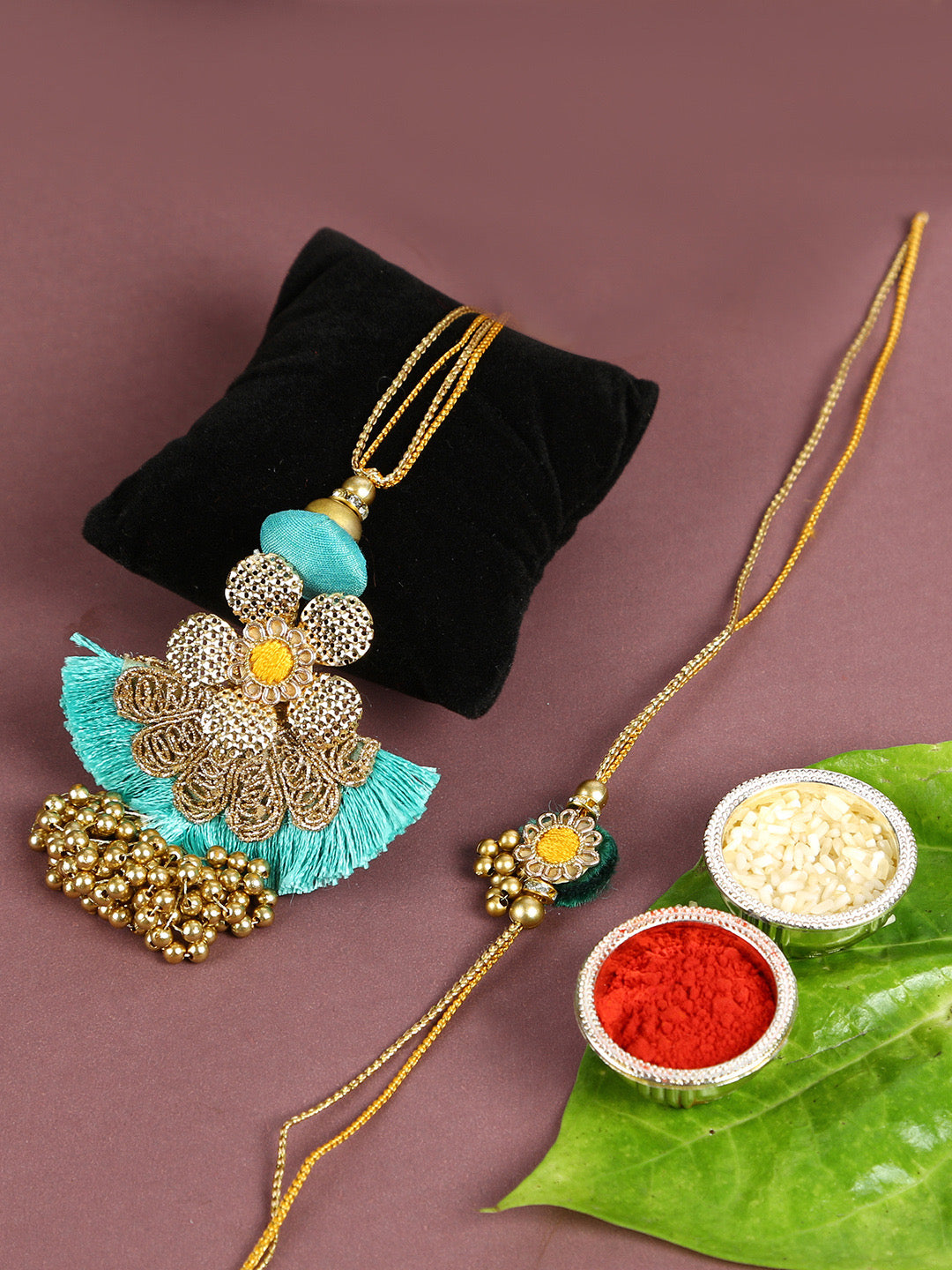 Golden Bhaiya Bhabhi Traditional Rakhi Set With Hints of Ocean Blue - Default Title (RP2105)