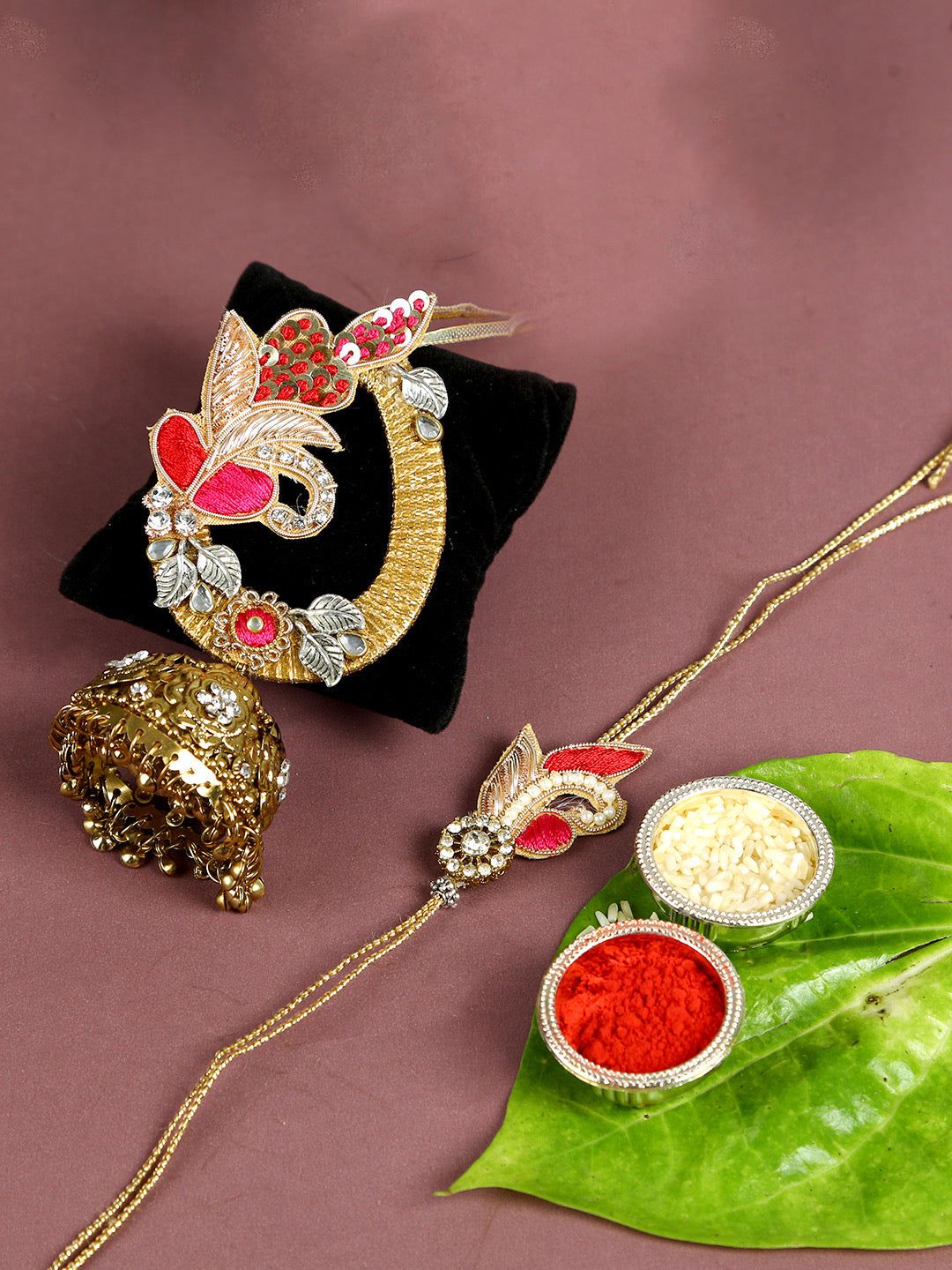 Golden and Pink Zardosi Handwork Bhaiya Bhabhi Rakhi Set - Default Title (RP2118)