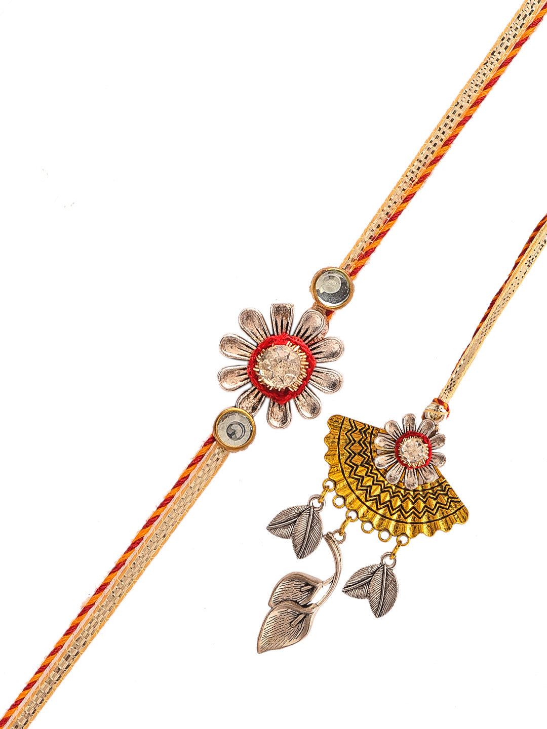 Silver Leaf and Golden Flower Bhaiya Bhabhi Handcrafted Rakhi Set - Only Rakhi (RP2123_J23)