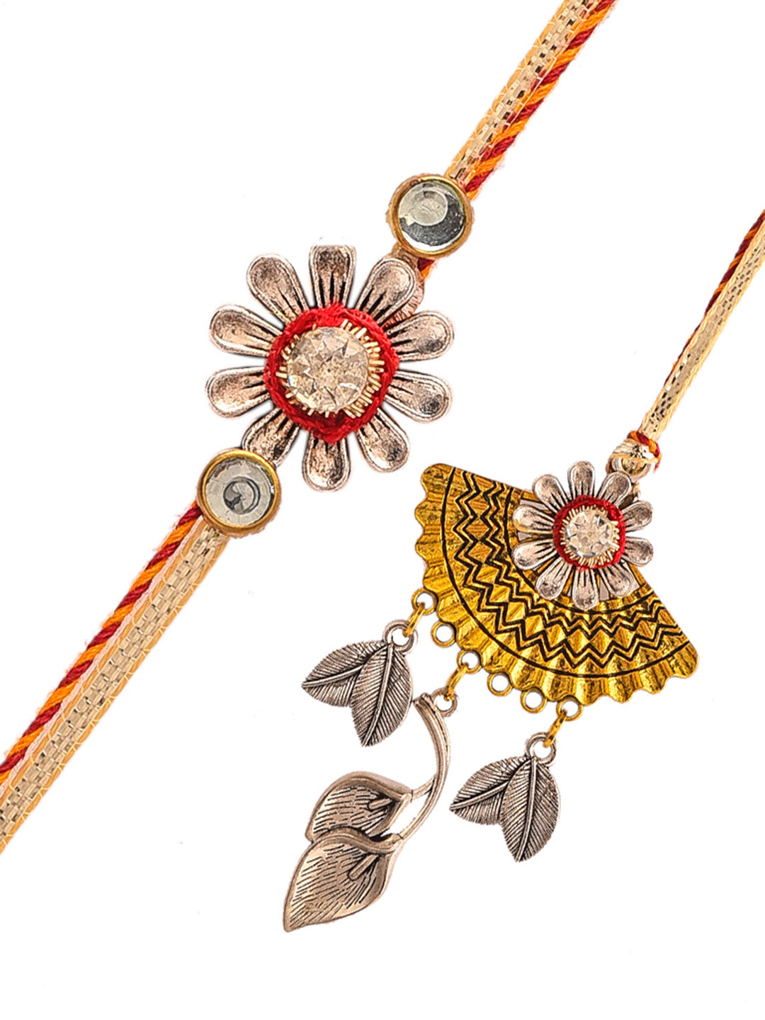 Silver Leaf and Golden Flower Bhaiya Bhabhi Handcrafted Rakhi Set - Only Rakhi (RP2123_J23)