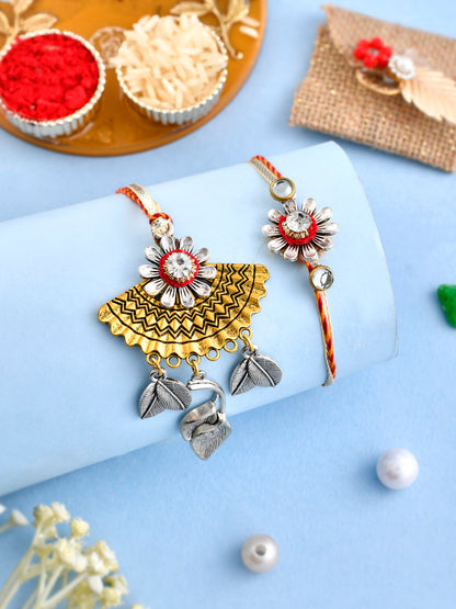 Silver Leaf and Golden Flower Bhaiya Bhabhi Handcrafted Rakhi Set - Only Rakhi (RP2123_J23)