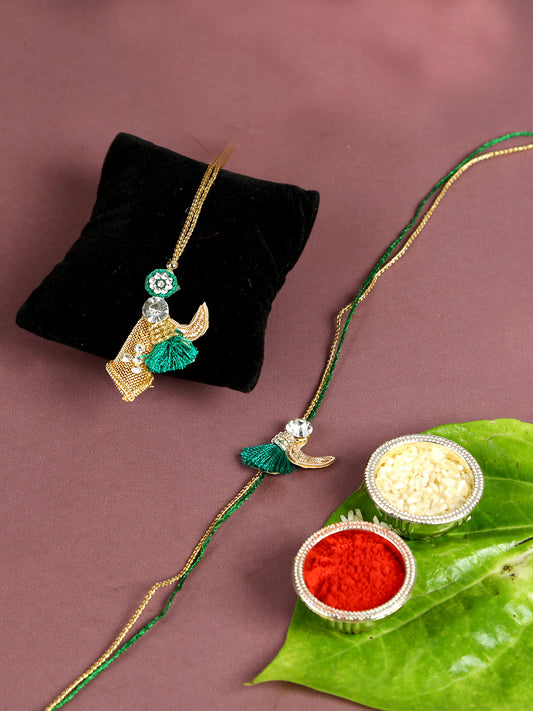 Traditional Pearl and Green Pom-pom Bhaiya Bhabhi Rakhi Set - Default Title (RP2133)