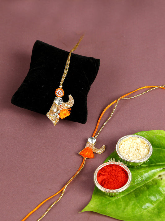 Traditional Pearl and Orange Pom-pom Bhaiya Bhabhi Rakhi Set - Default Title (RP2134)