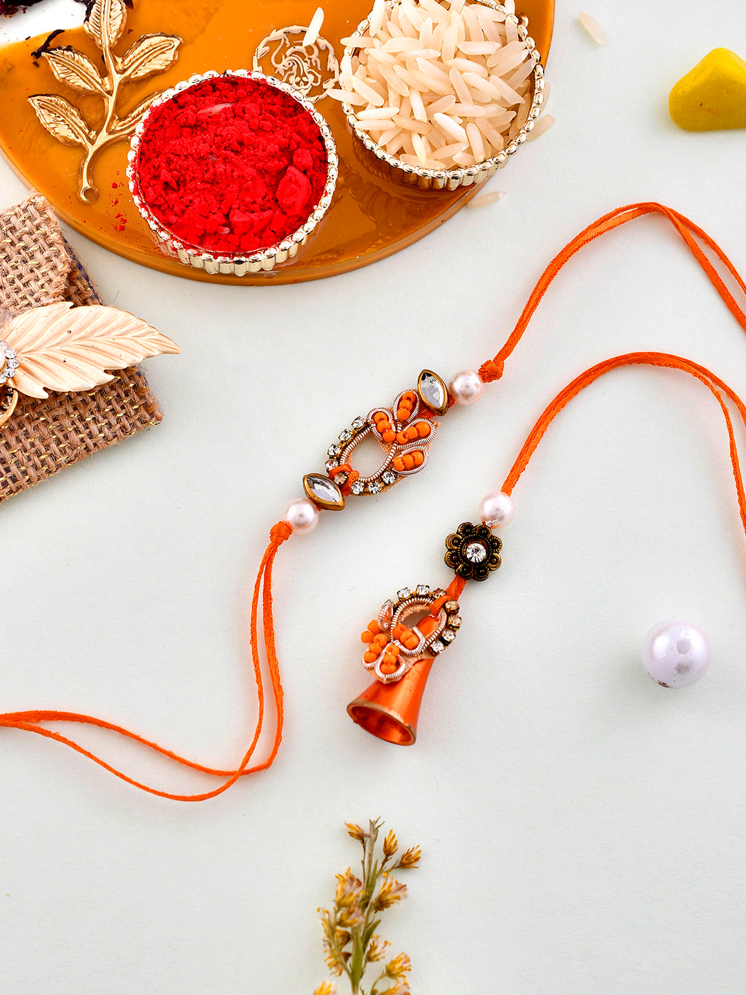 Orange Zardosi Work Bhaiya Bhabhi Rakhi Set with Hints of Golden - Only Rakhi (RP2142_J23)