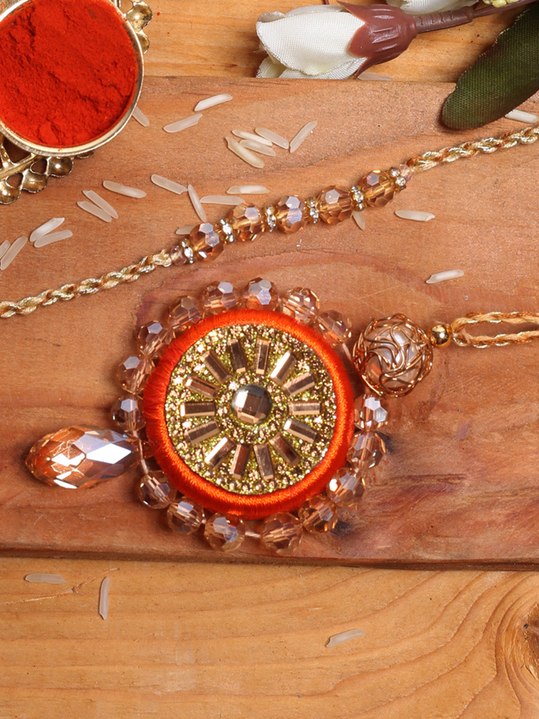 Beaded Golden And Orange Bhaiya Bhabhi Rakhi - Default Title (RP2172)