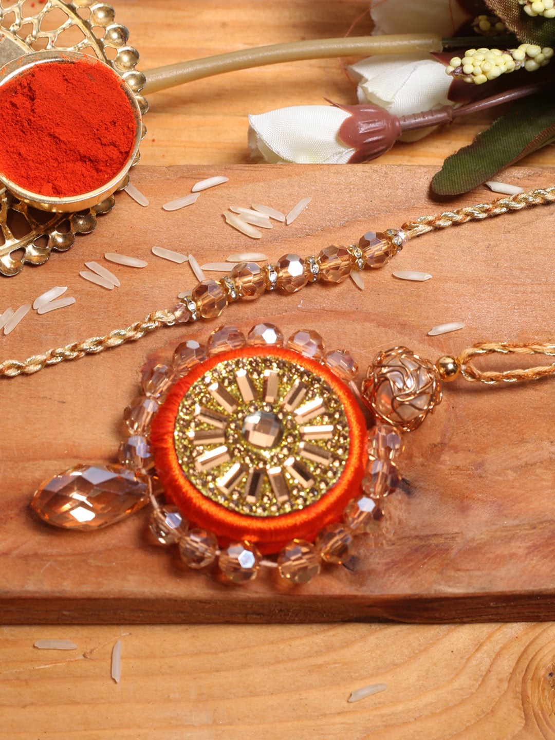 Beaded Golden And Orange Bhaiya Bhabhi Rakhi - Default Title (RP2172)