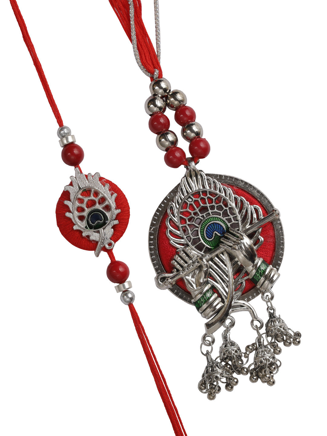 Silver Ornated Krishna Flute Bhaiya Bhabhi Rakhi Set - Only Rakhi (RP22401)