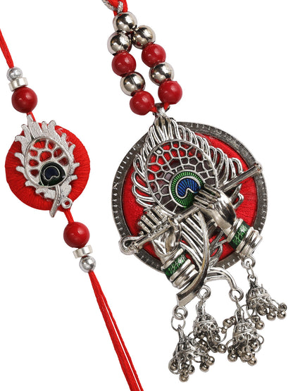 Silver Ornated Krishna Flute Bhaiya Bhabhi Rakhi Set - Only Rakhi (RP22401)