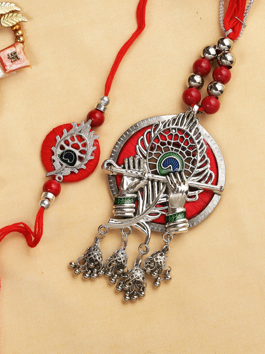 Silver Ornated Krishna Flute Bhaiya Bhabhi Rakhi Set - Only Rakhi (RP22401)