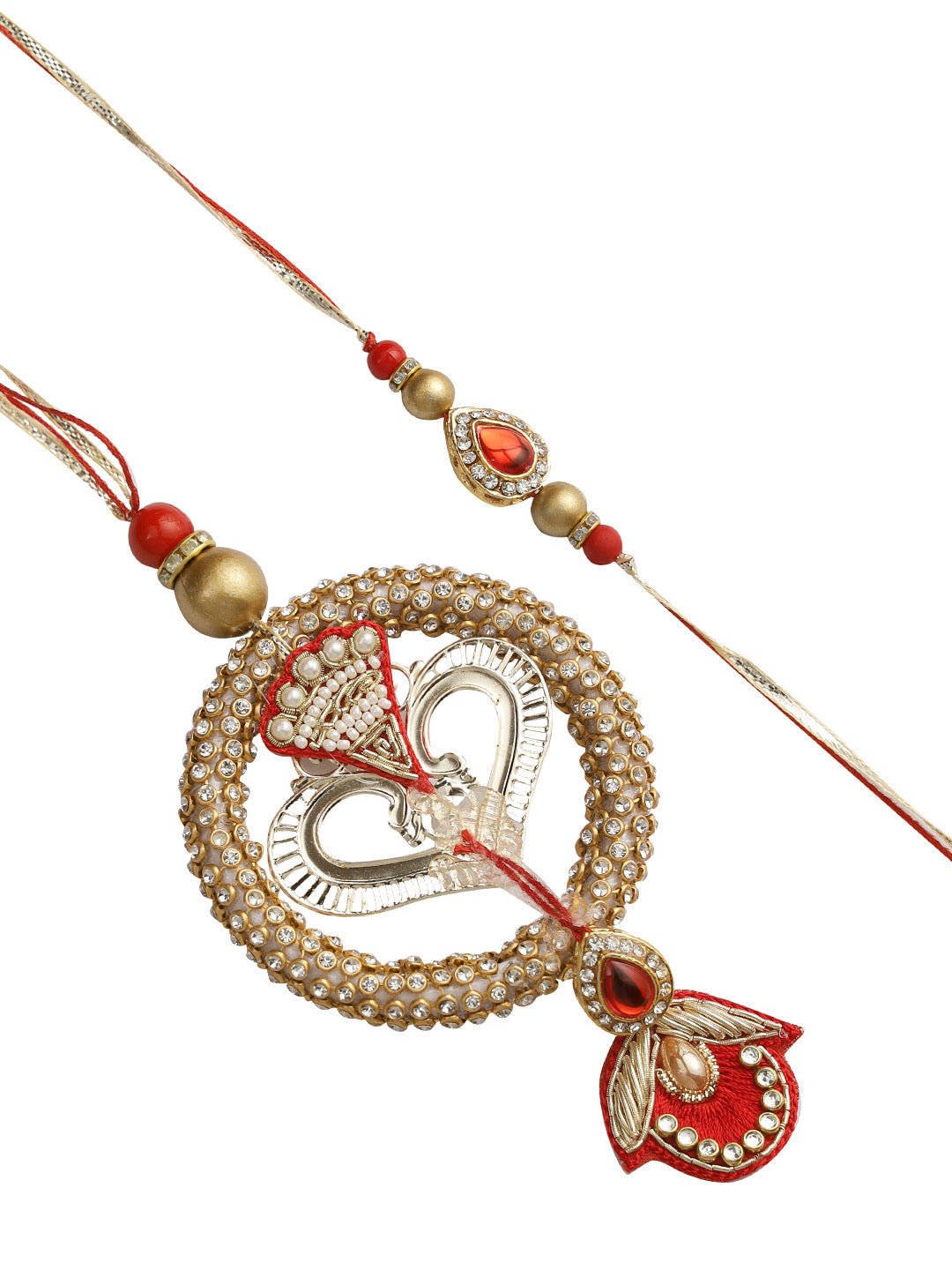 Golden Heart and Red Beads Bhaiya Bhabhi Rakhi Combo - Only Rakhi (RP22440)