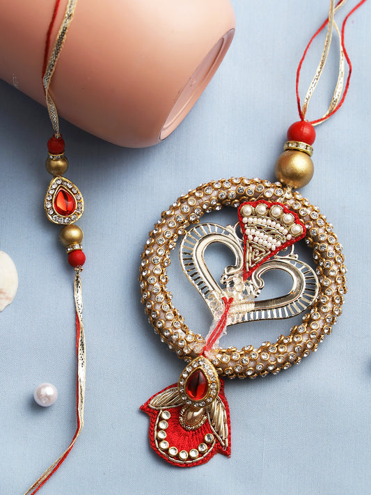 Golden Heart and Red Beads Bhaiya Bhabhi Rakhi Combo - Only Rakhi (RP22440)