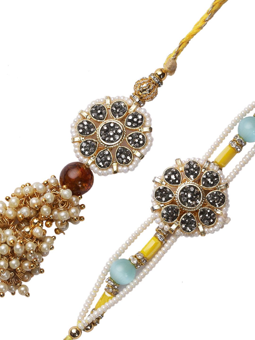 Ethnic and Traditional Bhaiya Bhabhi Rakhi Set with uncut Stones and Pearl Danglers - Only Rakhi (RP22453)