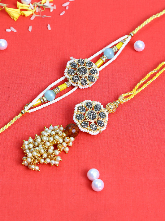 Ethnic and Traditional Bhaiya Bhabhi Rakhi Set with uncut Stones and Pearl Danglers - Only Rakhi (RP22453)