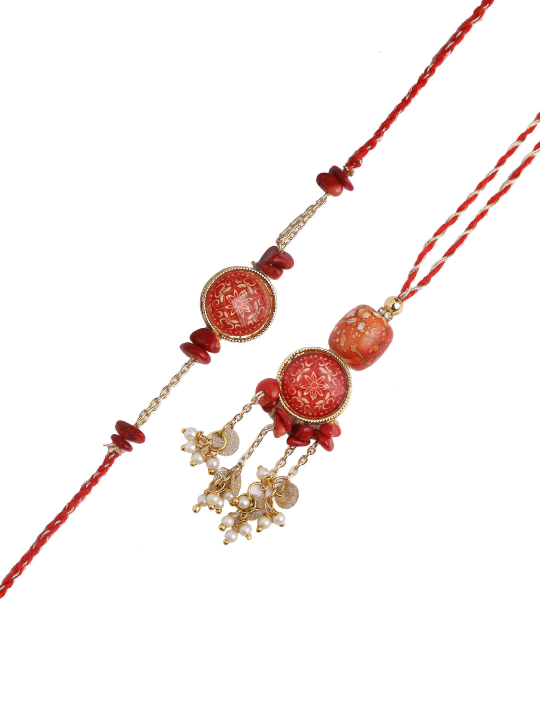 Pretty Red Bhaiya Bhabhi Rakhi set with uncut Stones and Pearl Beads - Only Rakhi (RP22454)