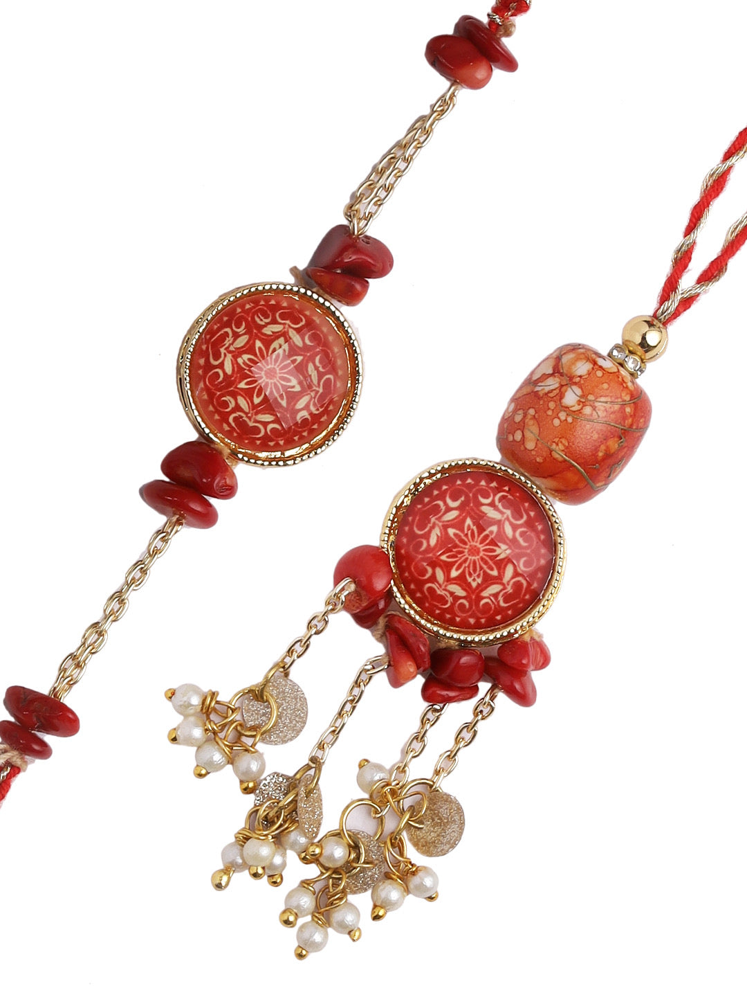 Pretty Red Bhaiya Bhabhi Rakhi set with uncut Stones and Pearl Beads - Only Rakhi (RP22454)