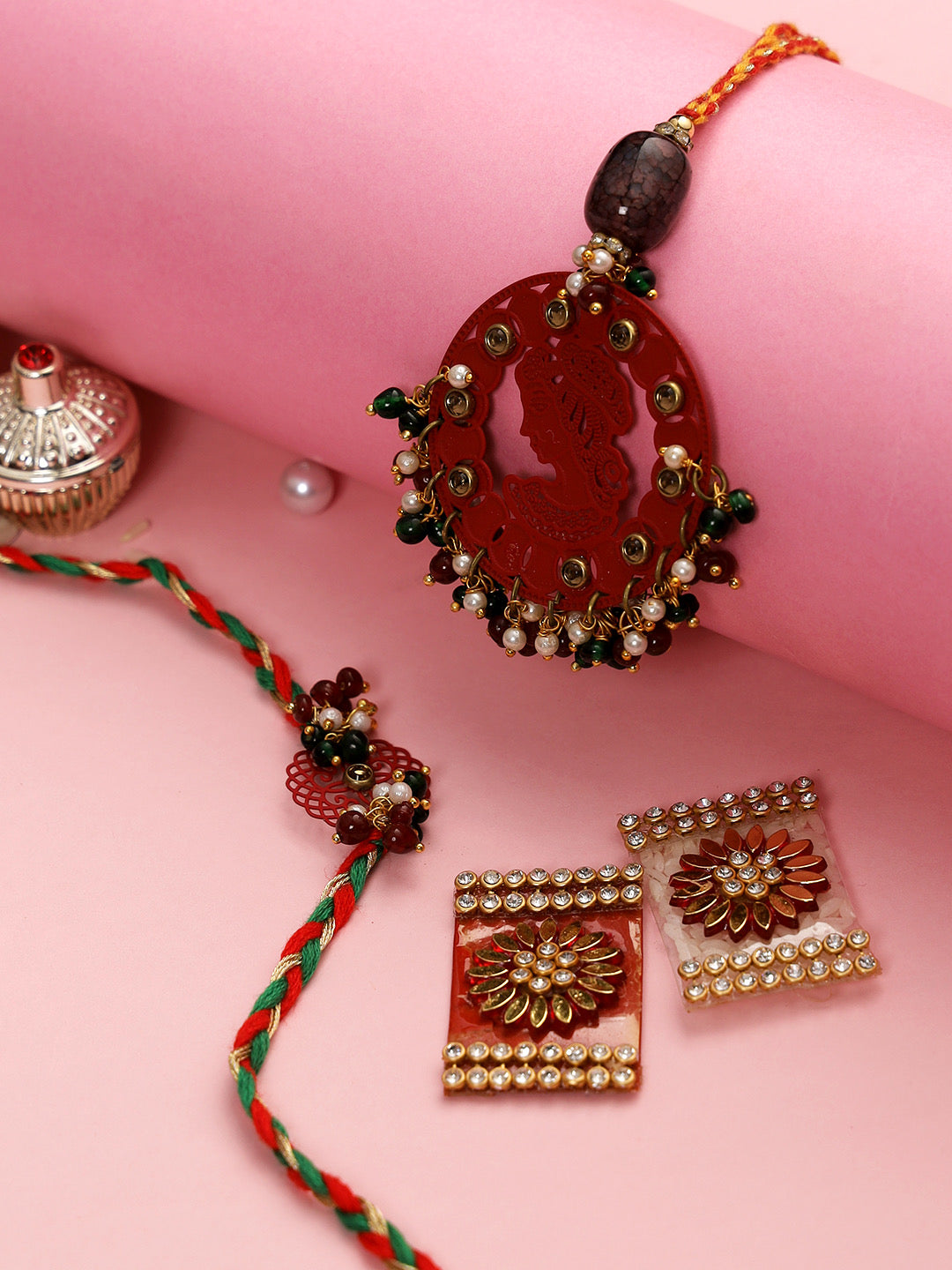 Bhaiya Bhabhi Rakhi Set with Creative Laser Work and Embellished Beads - Only Rakhi (RP22457)