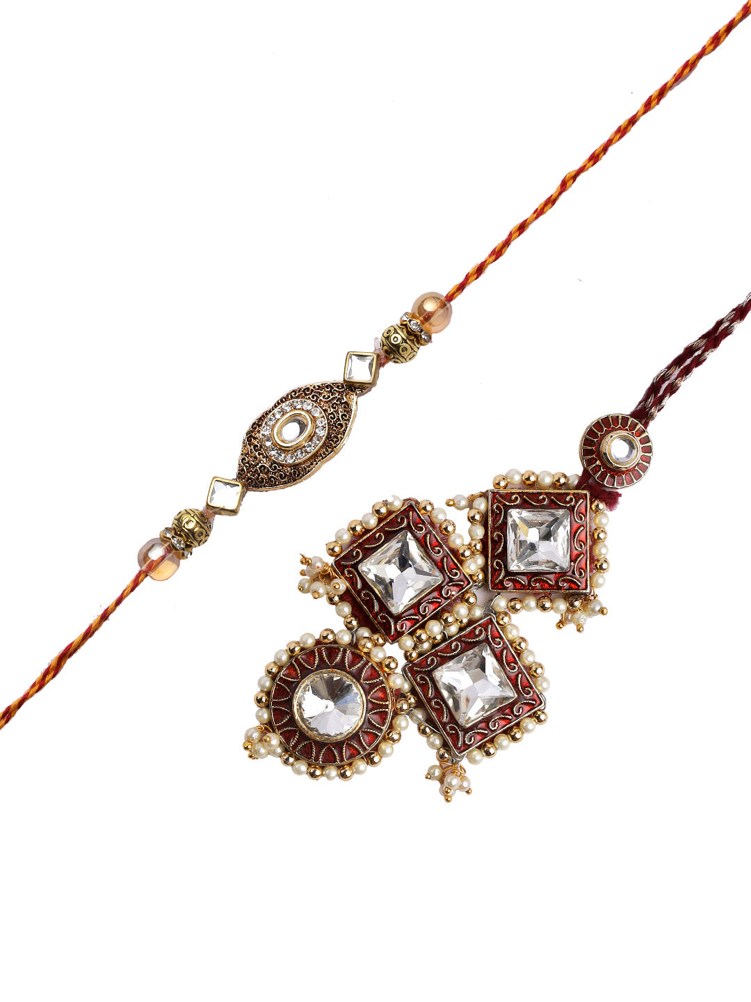 Golden and Red Handcrafted Beads-Work Bhaiya Bhabhi Rakhi Set with Uncut Stones - Only Rakhi (RP22464)