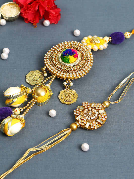 Graceful Golden American Diamond Stud Bhaiya Bhabhi Rakhi Set - Only Rakhi (RP22466)