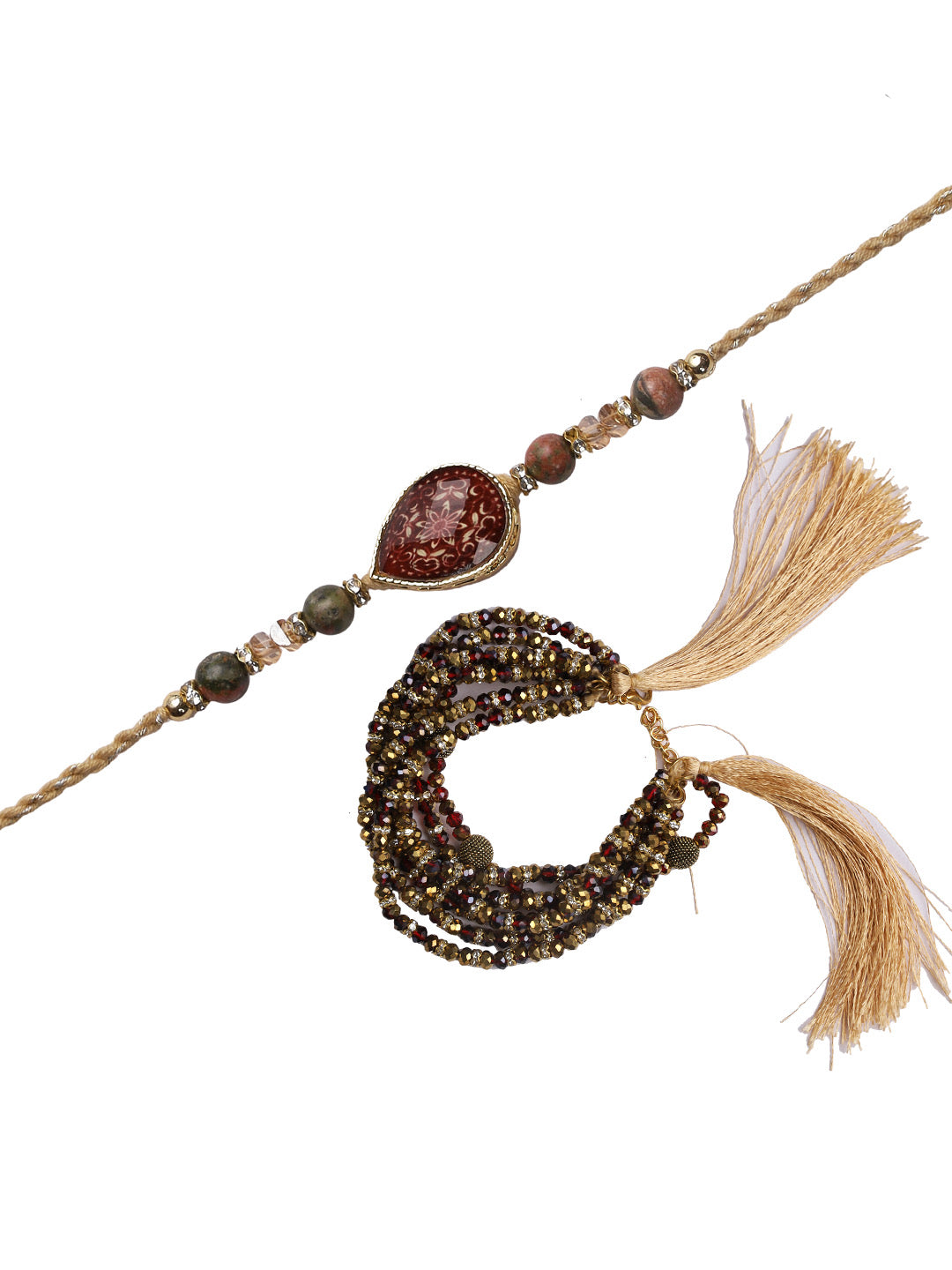 Handcrafted Bracelet Pattern Bhaiya Bhabhi Rakhi Set Adorned with Faceted Beads in Red and Golden - Only Rakhi (RP22468)