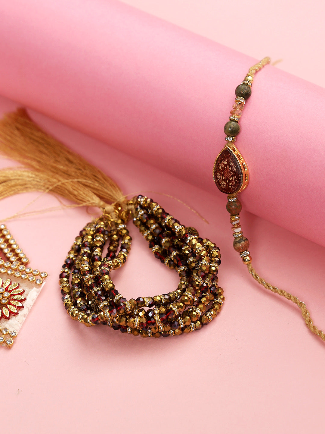 Handcrafted Bracelet Pattern Bhaiya Bhabhi Rakhi Set Adorned with Faceted Beads in Red and Golden - Only Rakhi (RP22468)