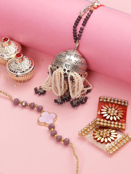 Golden Mantra engraved Bhaiya Bhabhi Rakhi set with Faceted Beads and Pearl Danglers - Only Rakhi (RP22471)