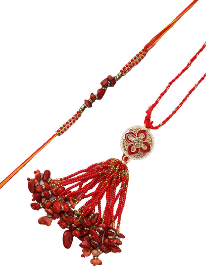 Enamelled Bhaiya Bhabhi Rakhi set with American Diamonds and uncut Coral stones - Only Rakhi (RP22472)