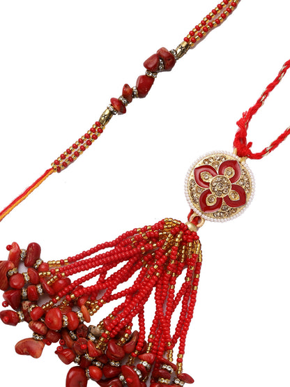 Enamelled Bhaiya Bhabhi Rakhi set with American Diamonds and uncut Coral stones - Only Rakhi (RP22472)